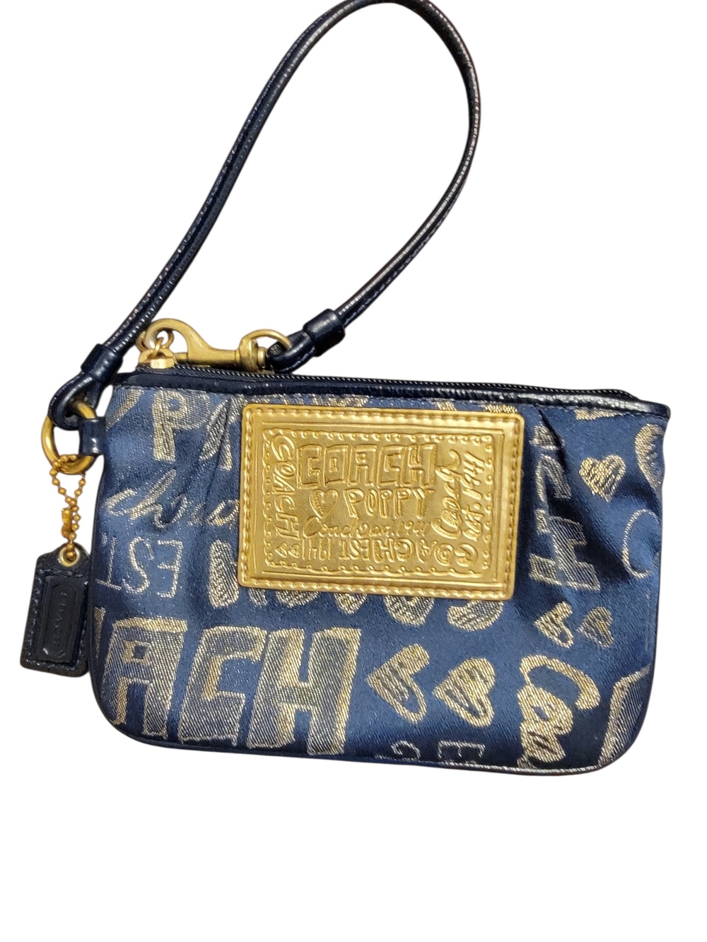 Coach Poppy 1941 Navy and Gold Script Wristlet with Plaque